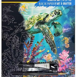 May include: Scratch art paper pad featuring an underwater scene with a sea turtle, fish, and coral. Includes 5 designs, a dual-tip stylus, and a brush. The pad measures 9 inches by 12 inches.