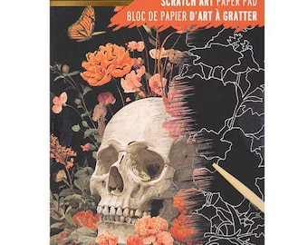 May include: A Brea Reese scratch art paper pad featuring a skull and orange floral design with a butterfly. The packaging includes the text Scratch Art Paper Pad, 11 Pcs, and Includes 10 Designs & 1 Stylus. A wooden stylus is visible on the right side.