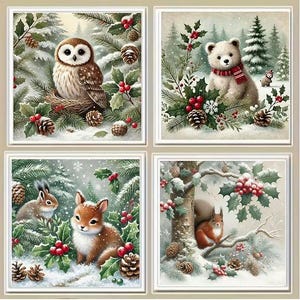 Può includere: Un set di quattro illustrazioni quadrate con scene di boschi invernali. Le immagini raffigurano un gufo marrone in un nido, un cucciolo di orso bianco con una sciarpa rossa, due scoiattoli marroni tra pini innevati e uno scoiattolo tra agrifogli.