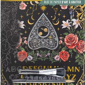 May include: Brea Reese scratch art paper pad featuring a planchette design with celestial motifs, roses, and lilies on a black background. Includes 5 sheets measuring 9 inches by 12 inches, a dual tip stylus, and a brush. The set contains 7 pieces total.