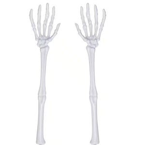 May include: Two white plastic skeleton hands with long forearms, posed as if reaching out. The hands are detailed with visible finger bones and a slightly glossy finish, perfect for Halloween decorations.