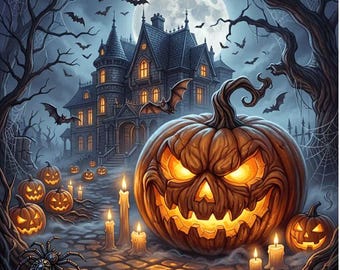 Malowanie diamentowe DWÓR JACK-O-LANTERN 13,7" x 13,7" Pełne wiercenie Nowe