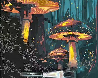 Puede incluir: Bloc de papel de arte para rascar con diseño de bosque de setas. Incluye 6 hojas, un punzón de doble punta y un pincel. El bloc mide 22,86 cm x 30,48 cm. Contiene 6 diseños.