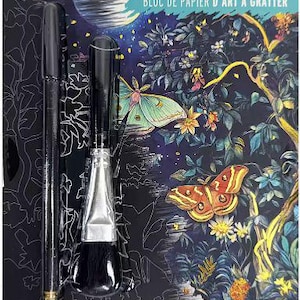 May include: Brea Reese scratch art paper pad with a black stylus and brush. The pad features a colorful butterfly and floral design. The package includes 14 sheets, each 15.24 cm x 20.32 cm, and 16 pieces total.