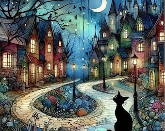 Puede incluir: Una ilustración digital de un gato negro sentado en un camino de adoquines en un pueblo por la noche. La escena presenta casas coloridas con ventanas brillantes, farolas, una luna creciente y luces colgantes contra un cielo azul oscuro.