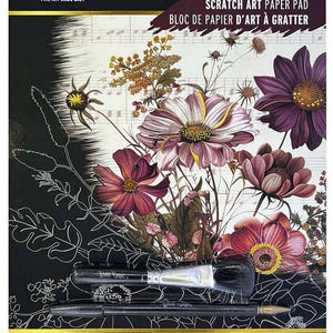 May include: Scratch art paper pad with a floral design. The pad includes 6 sheets, measuring 22.86 cm by 30.48 cm, along with a dual-tip stylus and brush. The package features a black background with white floral outlines and colorful flowers.