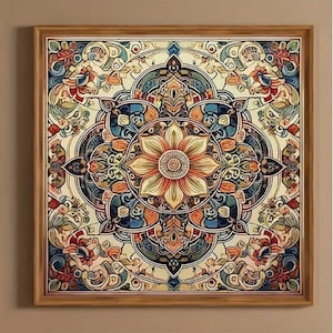 May include: A square framed wall art piece featuring a symmetrical mandala design. The artwork displays a central flower motif surrounded by intricate, repeating patterns in shades of cream, deep blue, burnt orange, and muted red within a wood frame.