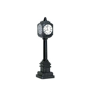 May include: Black clock tower with three clock faces, standing on a square base. The clock tower is made of metal and has a black finish.