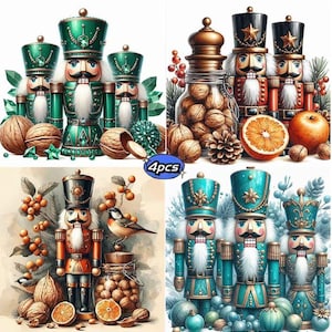 May include: A set of four distinct illustrations featuring nutcracker figures in various colour palettes, including green, red, and teal. The scenes incorporate natural elements like walnuts, pinecones, orange slices, and small birds.