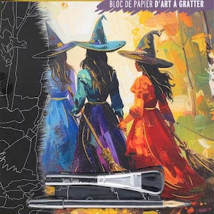 May include: Brea Reese scratch art paper pad featuring three figures in pointed hats and long dresses. Includes 5 sheets measuring 9 in x 12 in, a dual tip stylus, and a brush. The packaging displays the text Scratch Art Paper Pad and 7 Pcs.