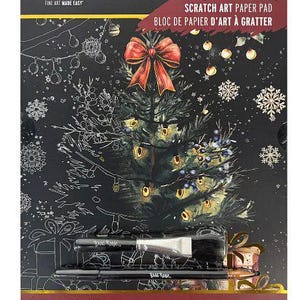 May include: Scratch art paper pad with a Christmas tree design. The kit includes 6 sheets, measuring 9 in x 12 in, along with a dual-tip stylus and brush. The package features a red bow and snowflake accents.