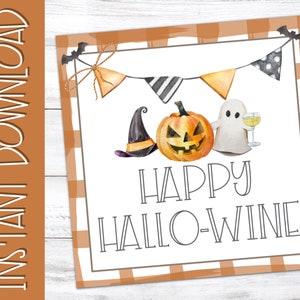 Happy Halloween Printable Tags, Happy Hallo-Wine, Wine Gift Tags, Gingham Tags, Halloween Gift Tag, Halloween Drink Tag, Happy Halloween