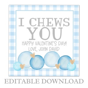 Cartes de Saint-Valentin imprimables pour enfants, étiquettes de Saint-Valentin, Je vous mâche la Saint-Valentin, Bubble Gum Valentine, Blue Gingham Valentine Favor Tag