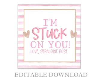 Tarjeta de San Valentín imprimible para niños: Etiqueta "Stuck on You" de cuadros rosas (PDF)