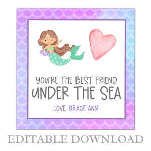 Printable Valentines Day Card for Kids, Valentine Tag, Mermaid Valentine, You&#39;re the best friend under the sea, Pink and Purple Valentine