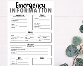 May include: A printable emergency information sheet with sections for contact information, house information, child information, medical information, wifi information, and notes.