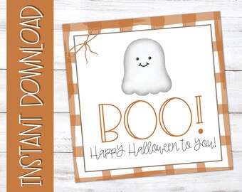 Etiquetas de regalo imprimibles de Halloween: ¡Ghost Boo!: Cuadros naranjas (PDF)