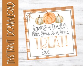 Etiqueta de regalo de Halloween para profesores: Etiqueta de regalo de calabaza a cuadros (descarga digital)