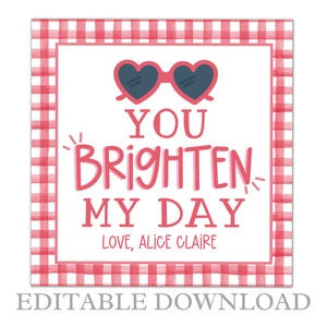 Printable Valentines Day Card for Kids, Valentine Tag, You Brighten my Day Valentine, Red Gingham Valentine, Valentine Sunglasses