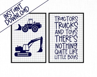 Lámina infantil de tractores, camiones y juguetes: Decoración para habitación de niños pequeños (descarga digital)