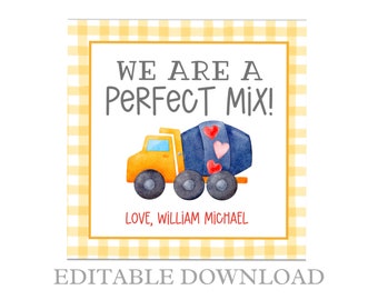 Printable Valentines Day Card for Kids, Valentine Tag, We are a perfect mix Valentine, Construction Valentine, Yellow Gingham Valentine