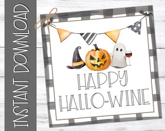 Etiqueta de regalo de Halloween "Happy Hallo-Wine", etiquetas de cuadros vichy imprimibles (descarga digital)