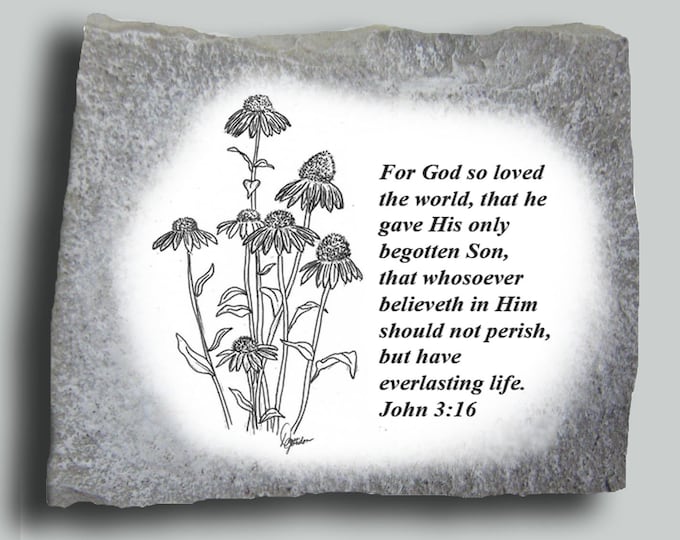 Hand Painted Art Drawing of Echinacea Flower with Bible Verse John 3:16 on Stone