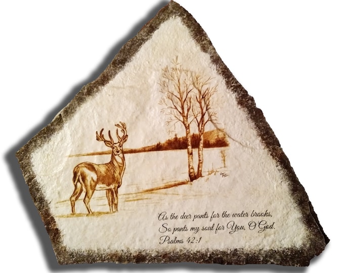 Hand Painted Art Drawing of a deer with Bible verse Psalm 42:1 on Stone