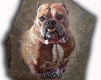 Art peint à la main de photo de crabot avec le nom du chien sur la pierre