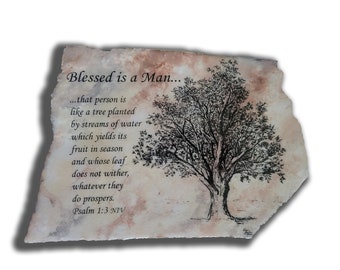Hand Painted Art Drawing of Tree on Stone with Bible Verse Psalms 1 : 3