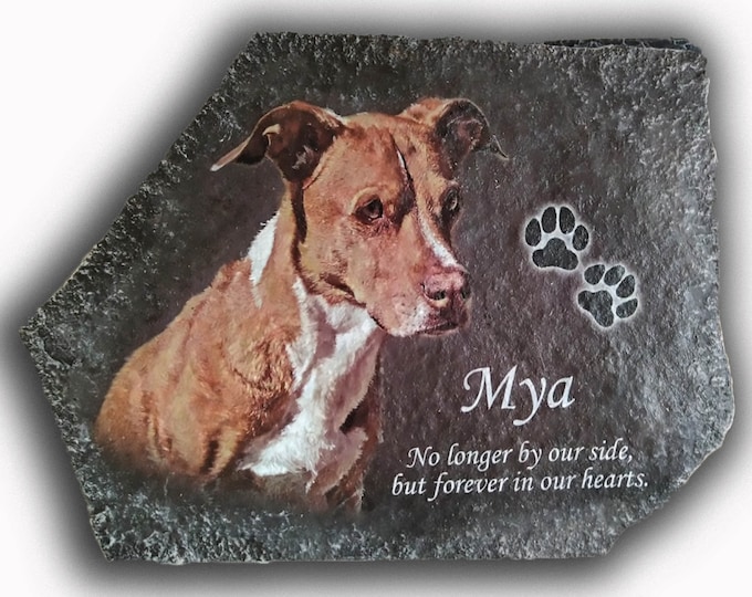 Hand Painted Pet Memorial/ Photo Art /dog Portrait/ with 3 options/ Name of Pet/ Date / Paw Prints/ Quote on Stone/ Dog memorial