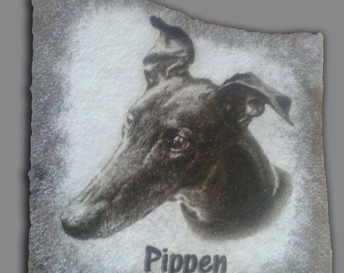 Hand Painted Dog Portrait Photo art with Dog's Name on Stone