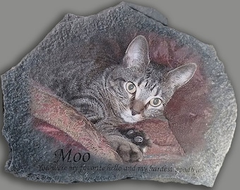 Hand Painted Cat Portrait Photo art with 2 options, Cat's Name, date, paw prints or saying/greeting on Stone