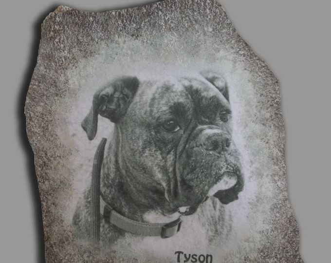 Hand Painted Dog Portrait Photo art with Dog's Name on Stone