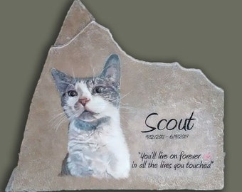 Hand Painted Memorial Cat Portrait Photo art with 3 options, Cat's Name and saying/greeting and date on outdoor 10" x 12" Stone