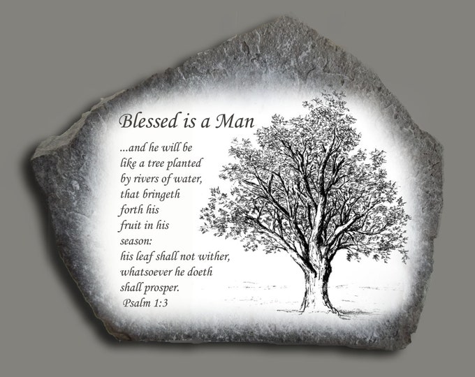 Hand Painted Art Drawing of Tree on Stone with Bible Verse Psalms 1 : 3