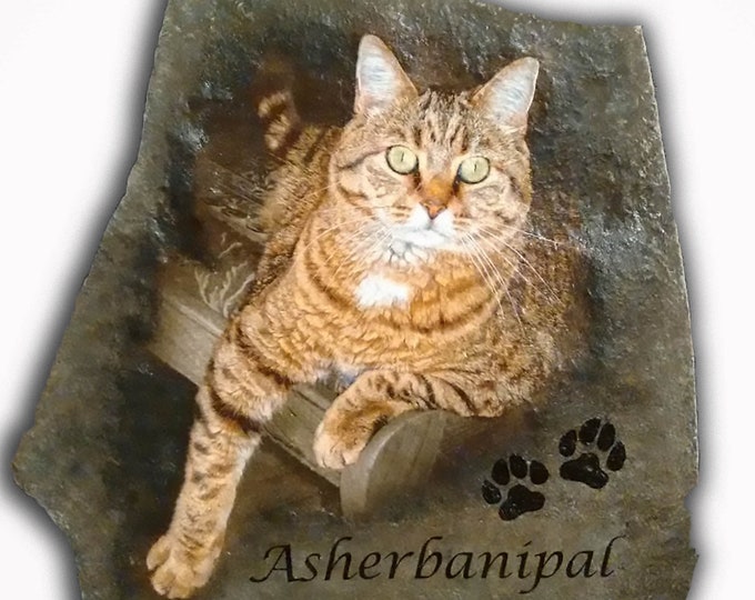 Hand Painted Photo Art Pet Memorial Portrait with 2 options - choice of quote, paw prints, name or date on stone