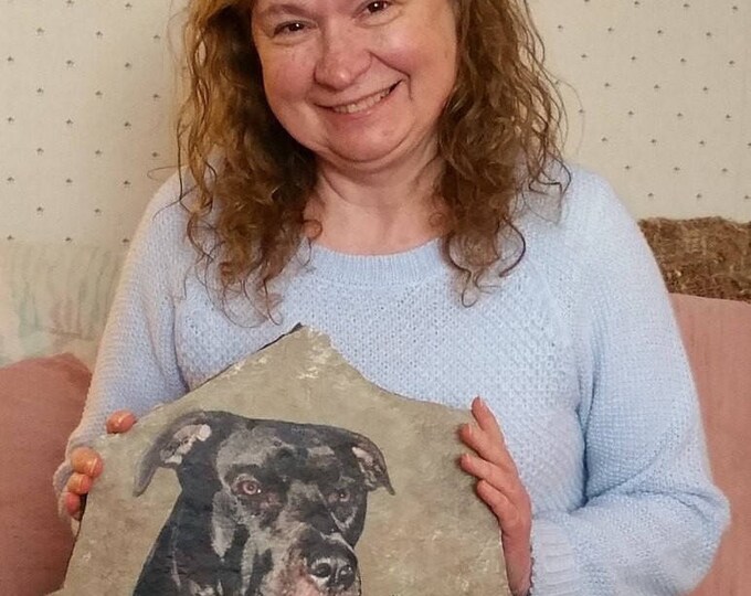 Hand Painted Photo Art Pet Memorial Portrait with quote and name on Stone