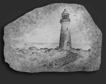 Hand Painted Art Drawing of Lighthouse on Stone