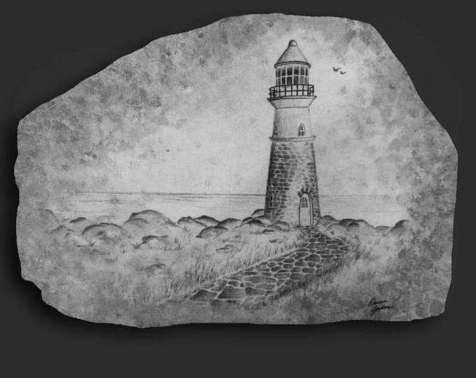 Hand Painted Art Drawing of Lighthouse on Stone