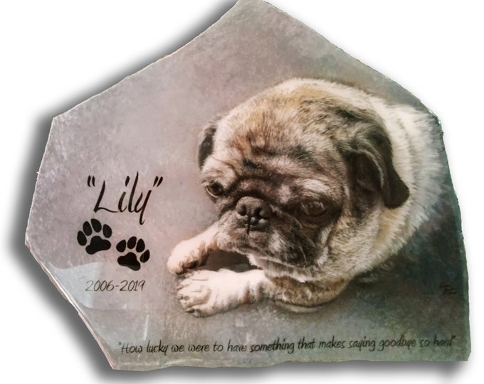 Hand Painted Pet Memorial Portrait Photo Art with 4 options like Quote, Pet Name, Date and Image like Paw Prints on Stone