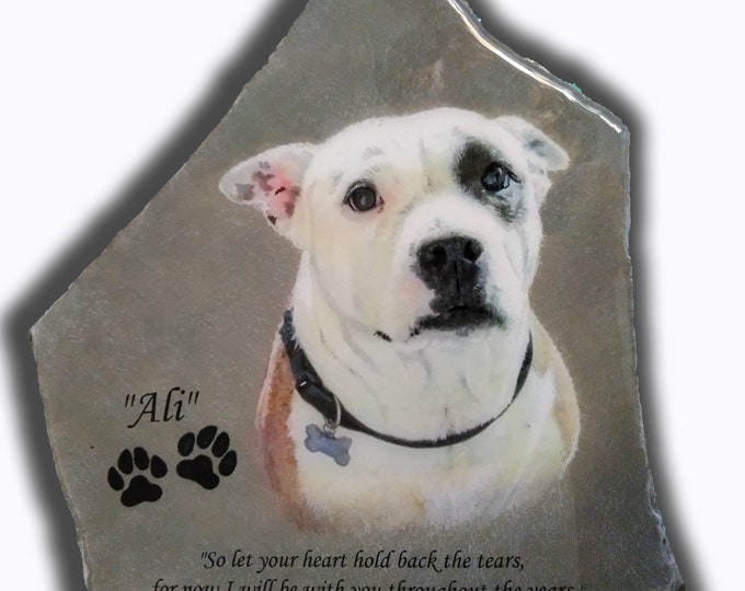 Hand Painted Pet Memorial/ Photo Art /dog Portrait/ with 3 options/ Name of Pet/ Date / Paw Prints/ Quote on Stone/ Dog memorial