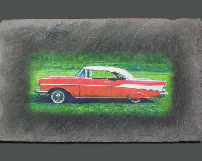 Great Father's Day Gift/ Hand Painted Photo Art on 10" x 12" memory stone/57 Chevy