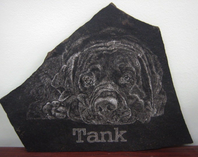 Hand Drawn Dog Portrait with it's Name Hand Engraved in 8" x 10" Stone Pet Memorial