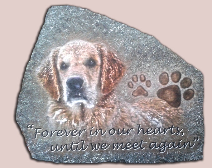 Hand Painted Photo Art Pet Memorial Portrait with 2 options like quote and paw prints on Stone