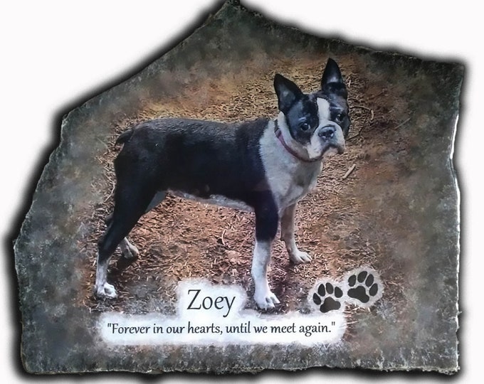 Hand Painted Pet Memorial/ Photo Art /dog Portrait/ with 3 options/ Name of Pet/ Date / Paw Prints/ Quote on Stone/ Dog memorial