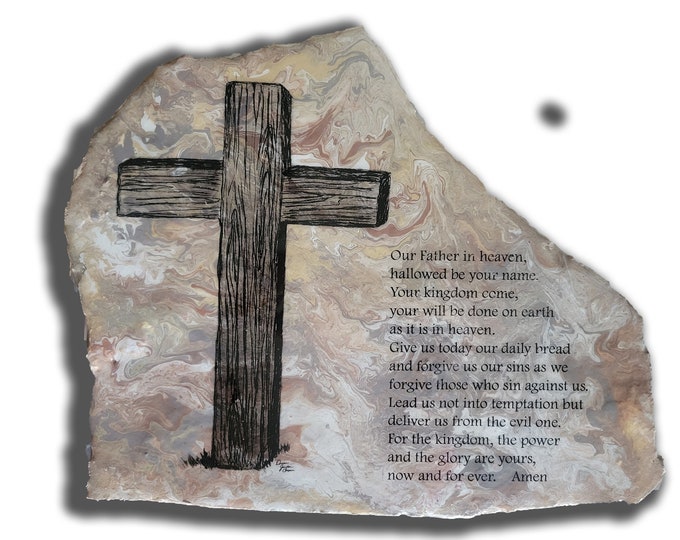 Hand Painted Art Drawing of Cross with The Lord's Prayer on Stone