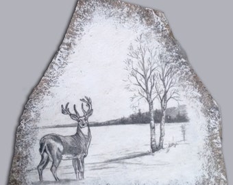 Hand Painted Art Drawing of a deer on Stone