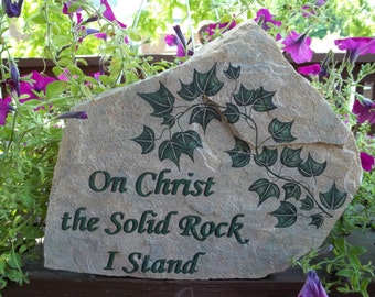 Hand Painted Stone of  Ivy Leaves Art Drawing with Biblical Hymn, "On Christ The Solid Rock I Stand"