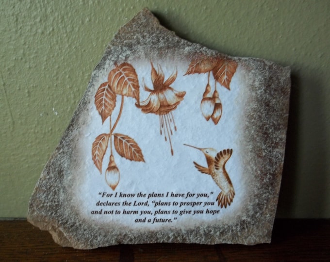 Hand Painted Hummingbird Drawing with Scripture Verse Jeremiah 29:11 on Stone